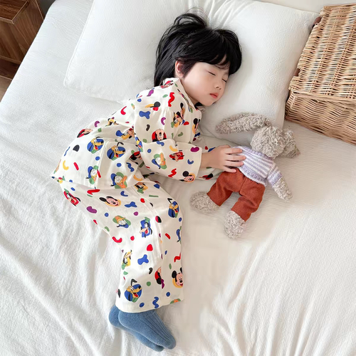 男童睡衣双层纯棉纱布套装女孩儿童长袖长裤翻领开衫春秋夏家居服