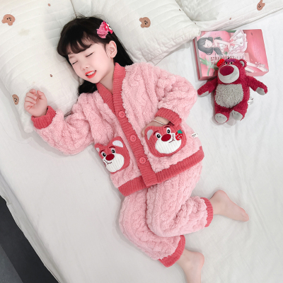 女童法兰绒睡衣秋冬季珊瑚女孩宝宝保暖加厚儿童网红家居服套装