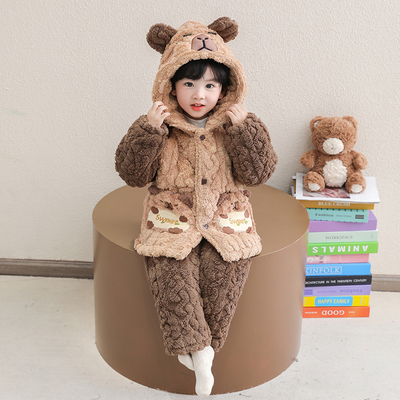 2025新款儿童睡衣男童冬季加厚款三层夹棉法兰绒中长男女孩家居服
