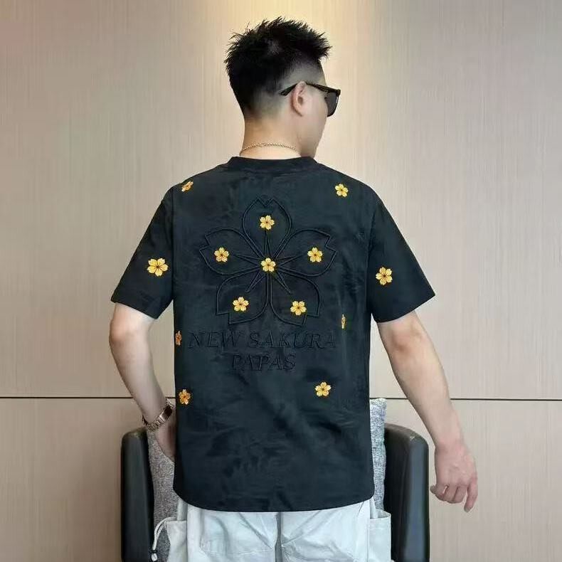 夏季新款扎染花卉刺绣男士短袖t恤绣花时尚百搭个性休闲潮流上衣