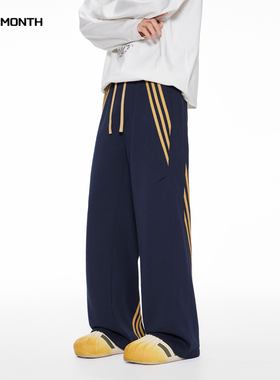 CHAN MONTH美式三条杠阔腿卫裤男女秋季重磅宽松休闲潮牌运动裤子