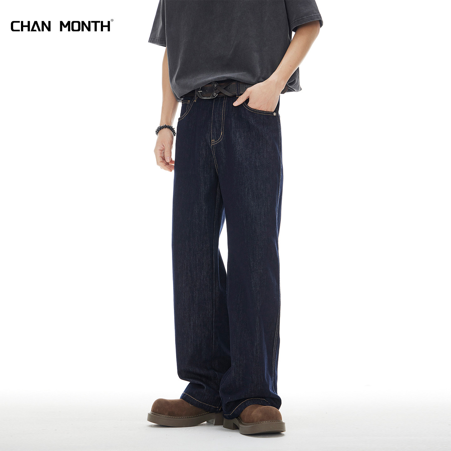 CHAN MONTH秋冬加绒阔腿原色牛仔裤男款高街美式潮牌宽松直筒裤子