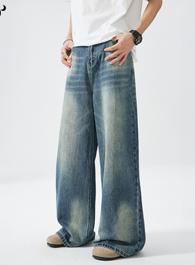 CHAN MONTH美式复古水洗cleanfit蓝色直筒牛仔裤男女潮牌宽拖地裤