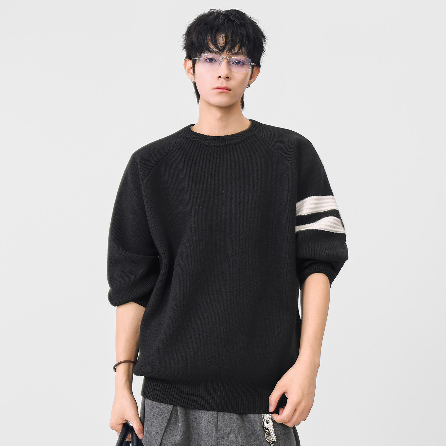 CHAN MONTH美式复古休闲毛衣男秋季潮牌宽松拼色针织衫线衣