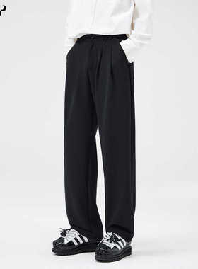 CHAN MONTH秋冬休闲西裤免烫高级男宽松垂感直筒加绒黑色百搭长裤