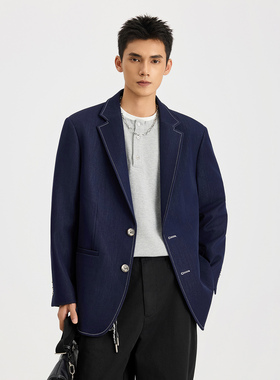 CHAN MONTH美式复古藏青休闲西服男秋季潮牌宽松商务休闲西装外套