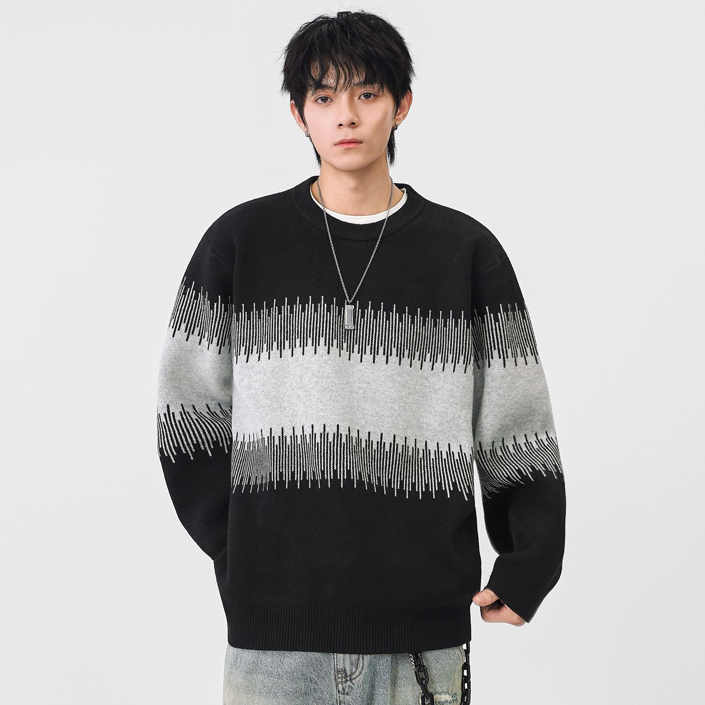 CHAN MONTH美式复古休闲毛衣男秋季潮牌宽松拼色针织衫圆领线衣