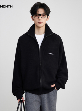 CHAN MONTH美式复古黑色开衫毛衣秋冬外套情侣装针织衫上衣男款