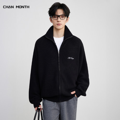 CHANMONTH美式复古黑色开衫毛衣