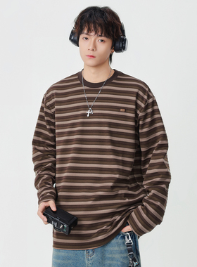 CHAN MONTH潮牌情侣条纹圆领长袖T恤秋季宽松百搭休闲打底衫