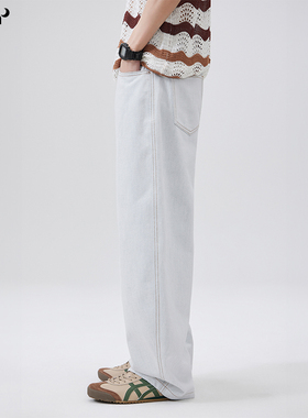 CHAN MONTH春季新款白色水洗纯棉牛仔裤男垂感宽松直筒阔腿长裤