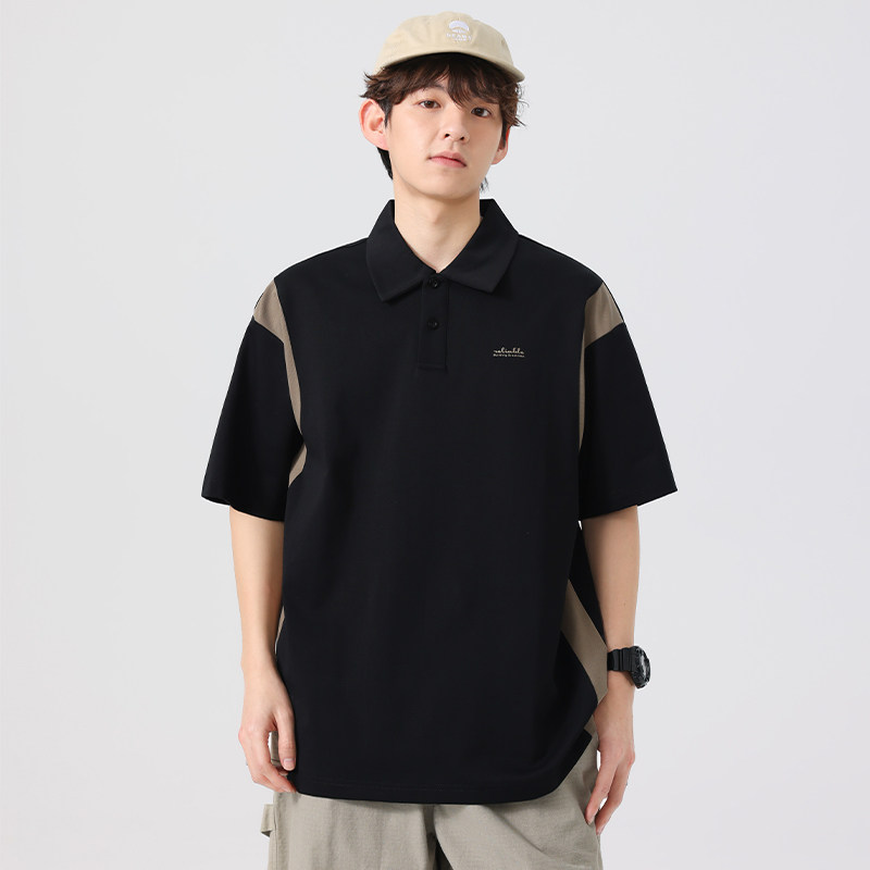 CHAN MONTH美式撞色拼接潮牌夏季宽松休闲短袖T恤polo衫上衣男