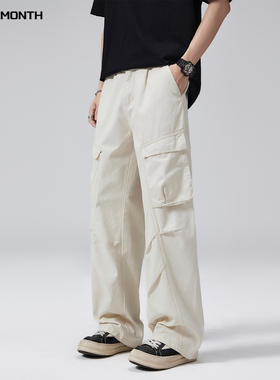 CHAN MONTH美式复古工装裤男米杏色夏季口袋潮牌宽松阔腿休闲裤子