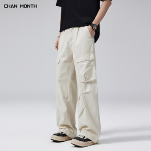 CHAN MONTH美式复古工装裤男米杏色夏季口袋潮牌宽松阔腿休闲裤子