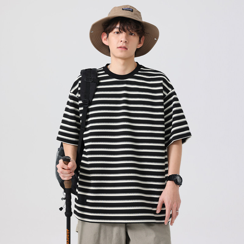 CHAN MONTH美式复古条纹短袖男夏高街撞色宽松情侣T恤落肩袖上衣