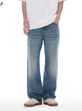 CHAN MONTH美式高街宽松直筒蓝色水洗牛仔裤男女百搭潮牌阔腿裤