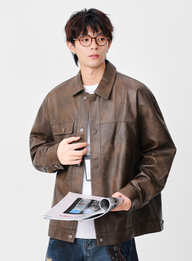 CHAN MONTH美式潮牌复古夹克秋冬季翻领皮衣男宽松时尚休闲外套