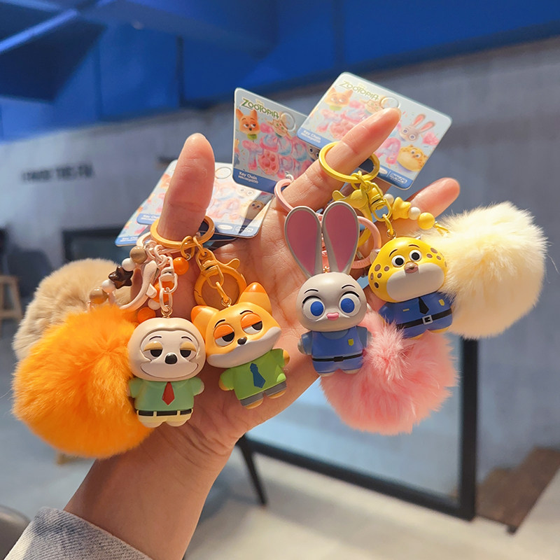 爆款新品卡通动漫正版疯狂动物城毛球毛绒兔朱迪狸尼克钥匙扣挂件