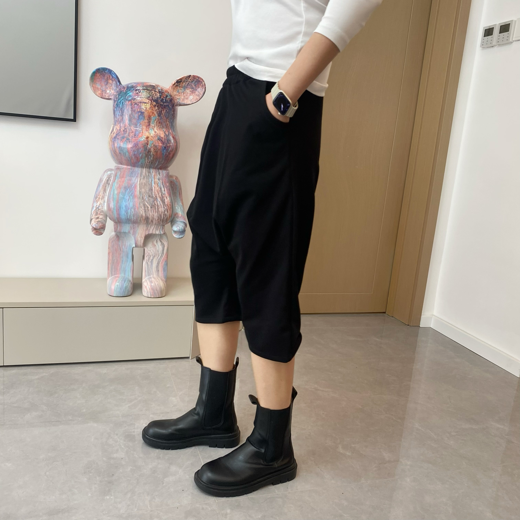 2025夏新款純色大碼吊檔褲女百搭純色哈倫男女同款簡約7分垮褲女