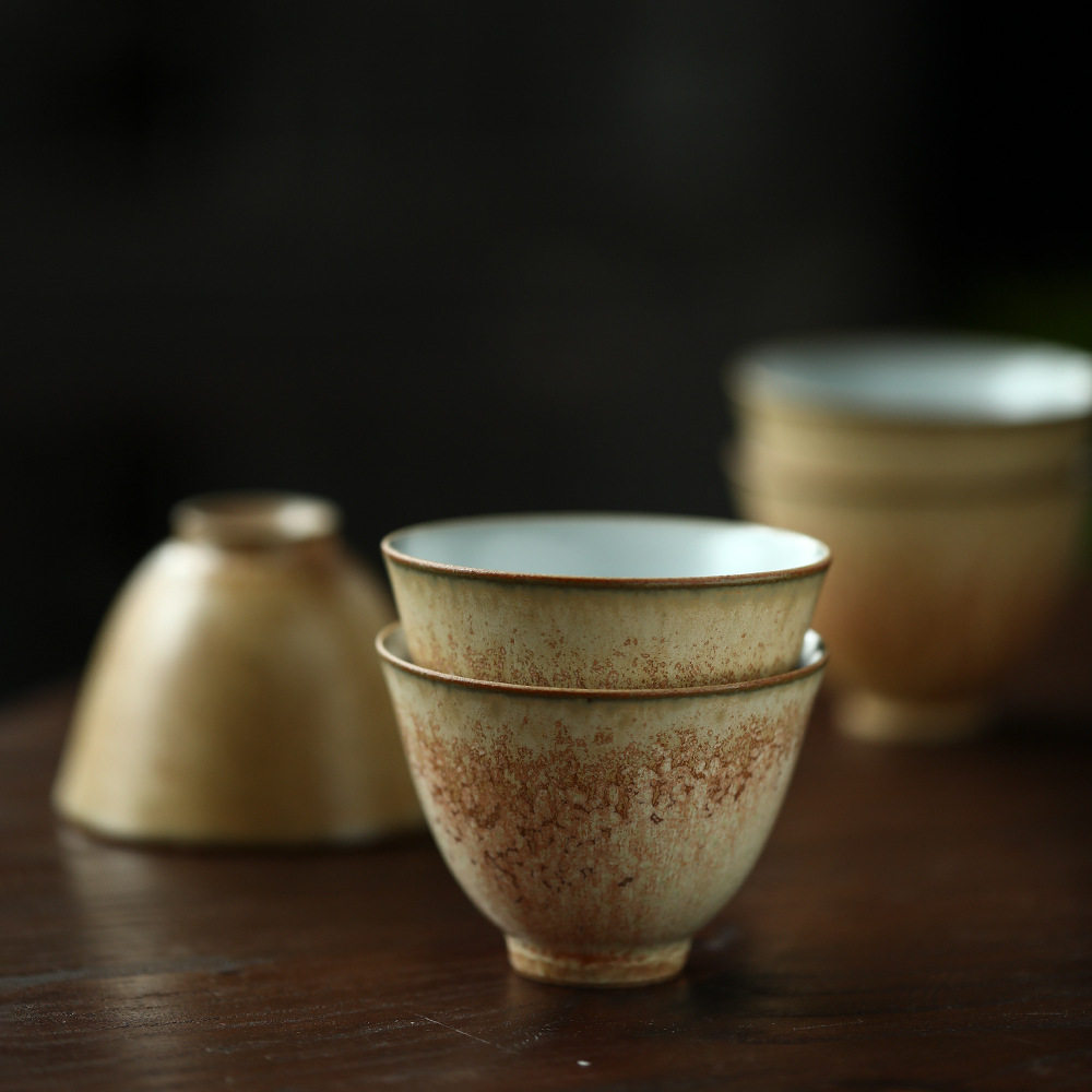 景德镇手工男女主人杯陶制单杯古朴品茗杯喝茶小杯子高温颜色黄釉