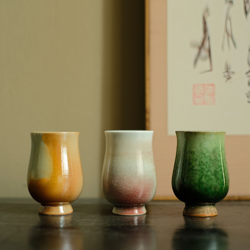 景德镇手拉坯高温窑变釉高足闻香杯手工女士用柴烧窑变小茶杯三色