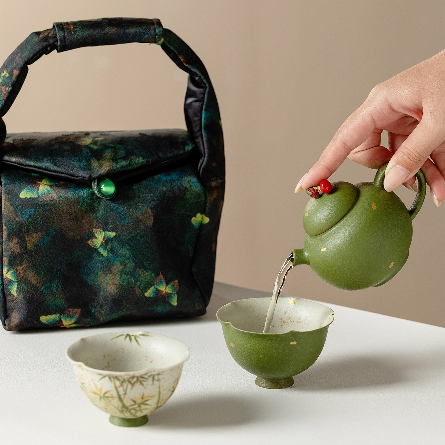 望山户外旅行茶具便携包收纳手绘茶壶