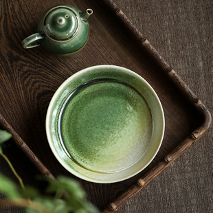 粗陶青苔釉碟子 手工小盘子日式小果盘茶食盘 个性壶承壶托干炮台