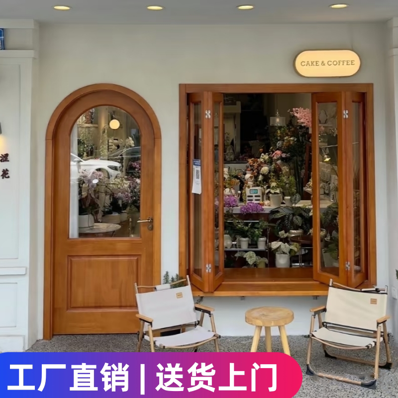 实木拱形门定制复古左右折叠窗法式圆弧门平开樟子松圆形玻璃门