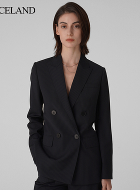 三石一澜精仿羊毛双排扣枪驳领条纹西装女通勤商务西服SG15102031