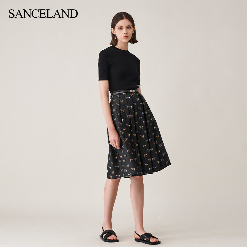 SANCELAND三石一澜夏季斜纹绸真丝印花显瘦半身裙SH23102043