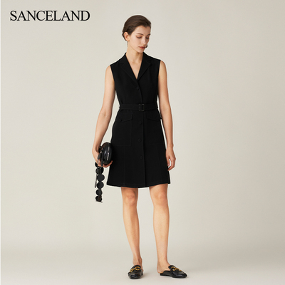 SANCELAND三石一澜夏季三醋酸平驳领马甲式连衣裙SH24102088