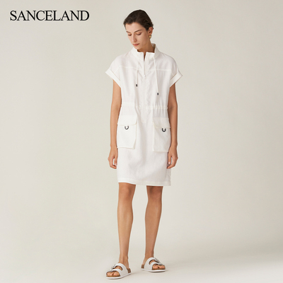 三石一澜夏季亚麻立领大口袋蝙蝠袖遮肉显瘦短袖连衣裙SH24102115