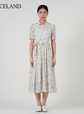 三石一澜淑女风翻领短袖印花收腰系带中长款真丝连衣裙SG24103139