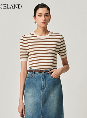 三石一澜条纹针织衫女短袖桑蚕丝棉圆领简约老钱风上衣SI21401012