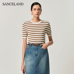 三石一澜条纹针织衫 桑蚕丝棉圆领简约老钱风上衣SI21401012 女短袖