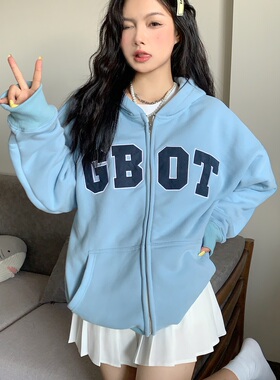 GBOT DAT字母开衫卫衣潮牌休闲连帽拉链口袋宽松嘻哈秋季情侣外套
