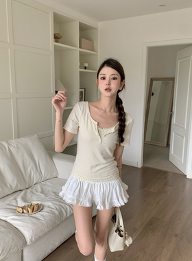 TC STORE TAKE CHANCES假两件蕾丝碎花短袖bm风内搭纯欲针织T恤女