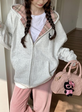 TC STORE TAKECHANCES秋冬bm撞色格纹拉链帽衫加绒连帽开衫卫衣女