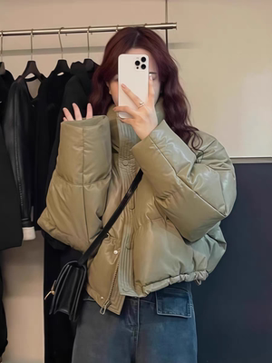 免洗pu皮羽绒服女短款2025新款冬季加厚立领面包服小个子皮衣外套