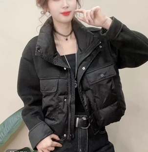 欧货2025冬季新款羊绒拼接羽绒服女短款气质立领小个子白鸭绒外套