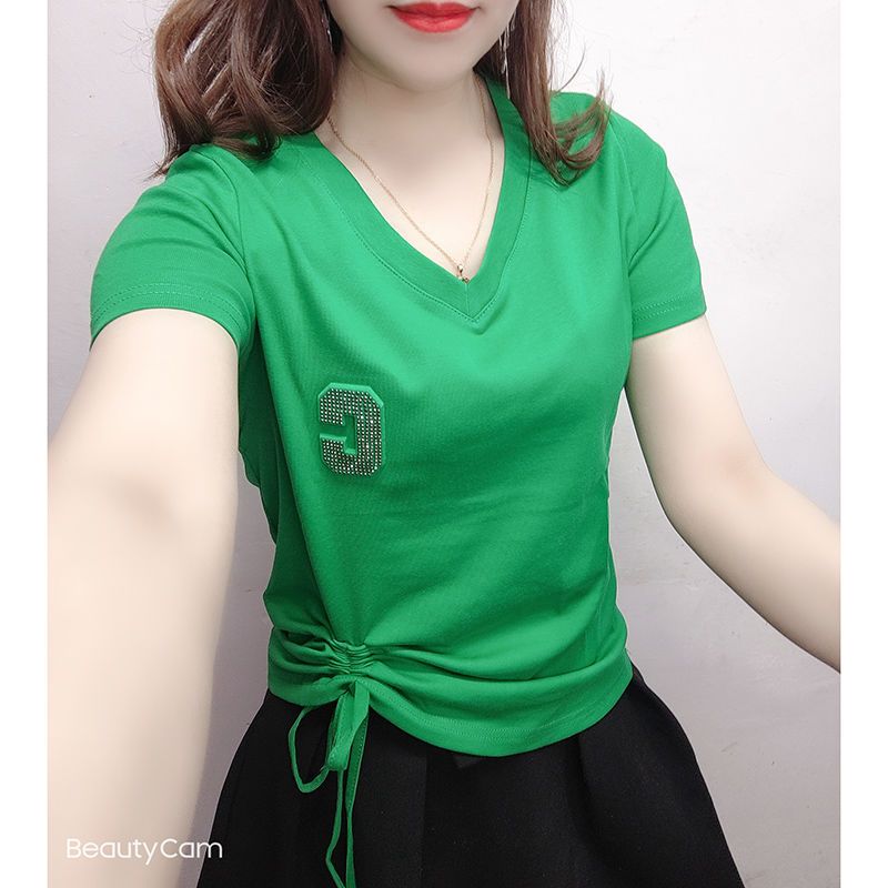 抽绳短袖t恤女夏2025新款法式纯棉V领短袖设计感小众别致绿色上衣