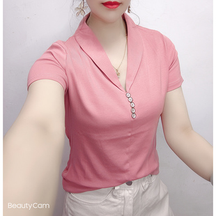 上衣外穿套头女衫 短袖 2024洋气翻领粉色V领体恤修身 夏季 t恤女新款