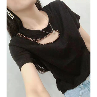 欧洲站漏洞钉珠T恤女2025夏季修身显瘦短袖体恤镂空上衣女打底衫