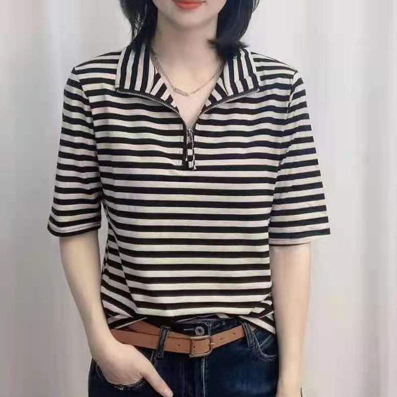 欧货2026春季新款立领条纹棉中袖T恤女韩版宽松百搭打底上衣卫衣