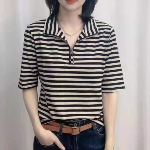 立领条纹棉中袖体恤女