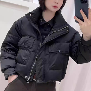黑色立领轻薄短款羽绒服女冬季2025新款小个子黑色气质白鸭绒外套