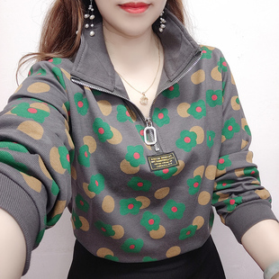 纯棉卫衣女士2026新款立领拉链春款大码宽松长袖T恤洋气时尚上衣