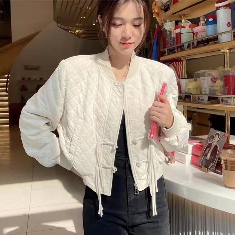 菱形格棉服外套女夹棉