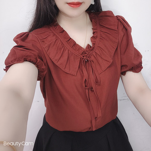 红色荷叶领一字肩V领雪纺衫衬衫上衣女2026夏新款高级感薄款小衫