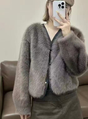 皮毛一体仿水貂毛厚外套女25年冬新款小个子短款环保皮草毛绒上衣